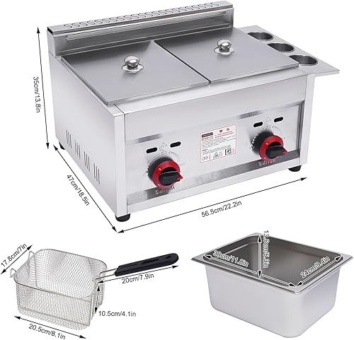 Miniatura 6 de Freidora de gas de doble tanque con termómetro  Freidora de propano con 2 cestas de acero inoxidable y tapas  Gran capacidad del tanque de aceite