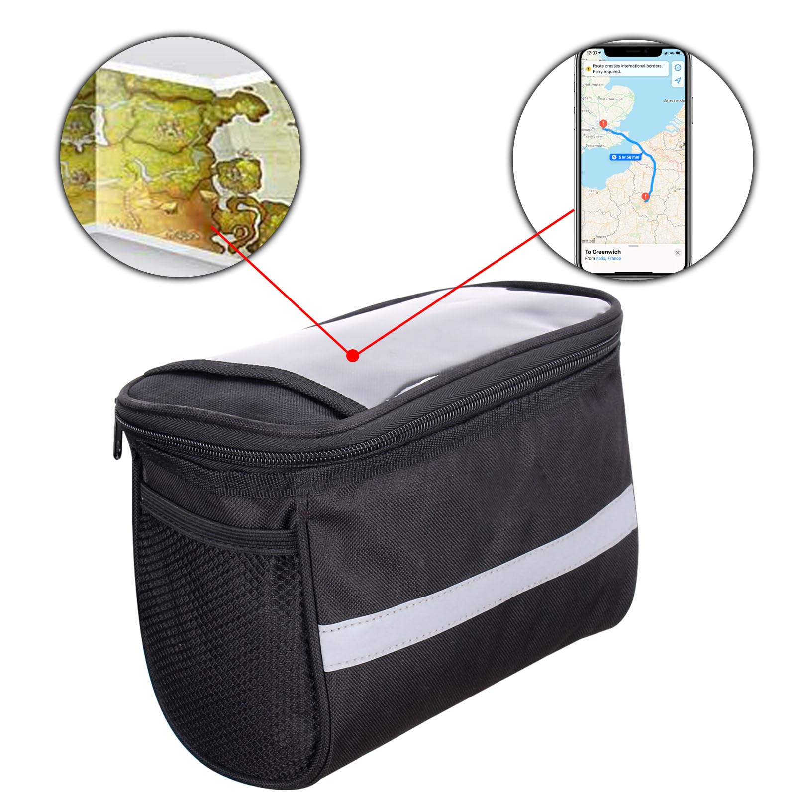 Borsa da manubrio per bicicletta, borsa anteriore per bicicletta, con strisce riflettenti, borsa per telaio della bici, borsa portaoggetti professionale, accessori per bici (nero)