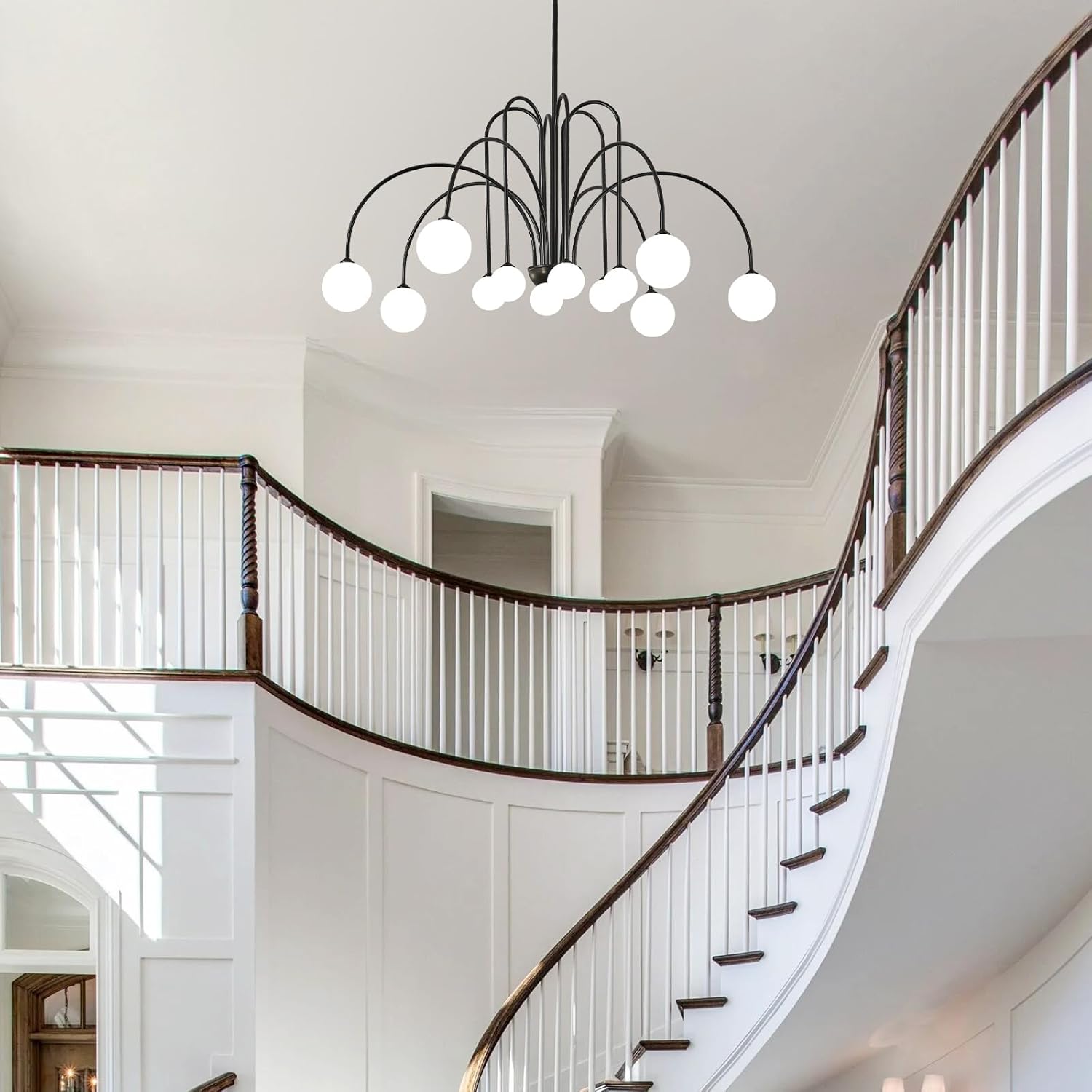 L52” Modern Sputnik Chandelier Large 12 Lights Mid Century Milk Glass Globe Ceiling Pendant Lighting Luxury for High Ceiling Foyer Staircase Living Dining Room