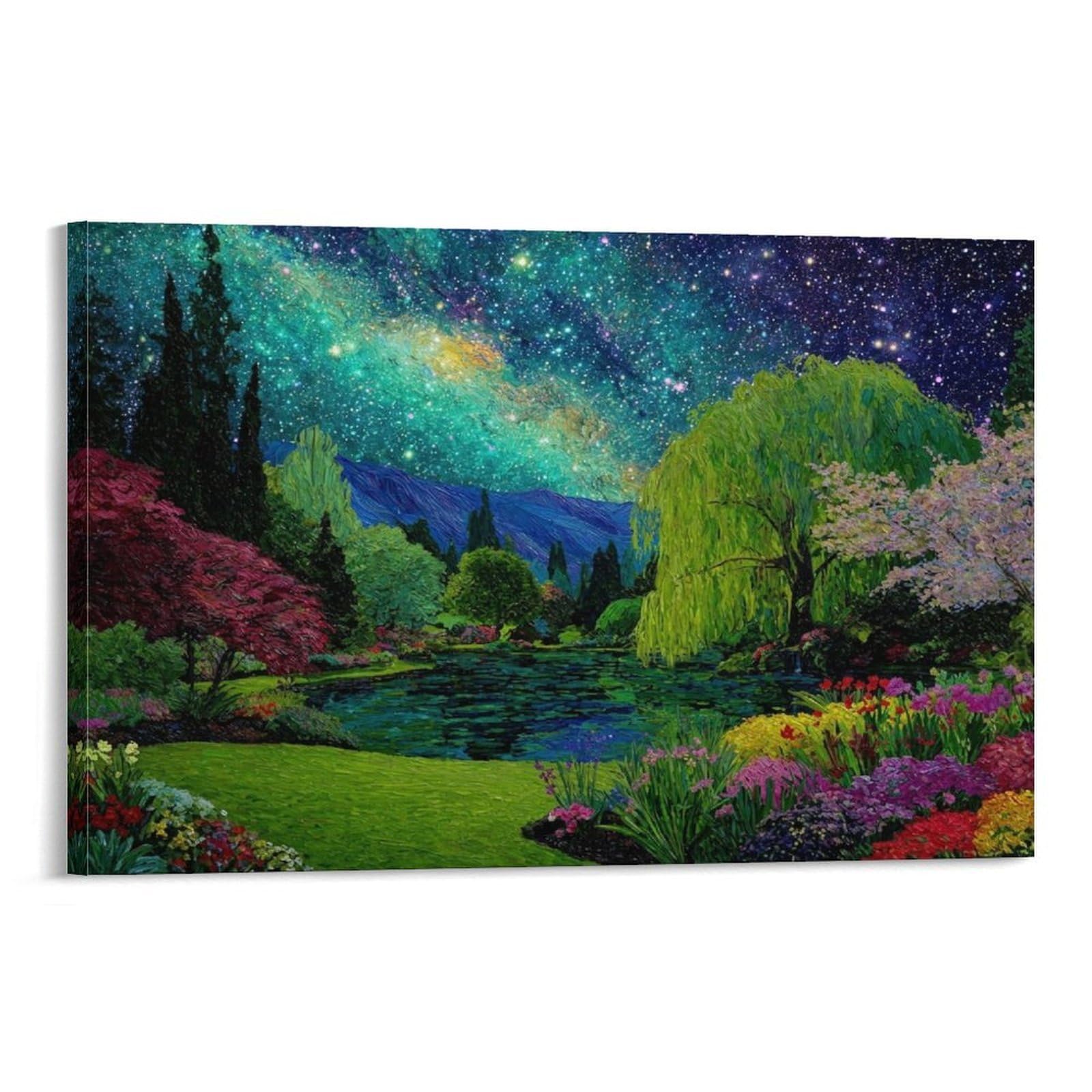 CPLVKWRQJ Starry Night Garden Individual Starry Garden Pond Colorful Scenic Painting Framed Canvas Art - Office Wall Decor Multi-Purpose Fade Resistant Statement Piece 16x24inch(40x60cm)