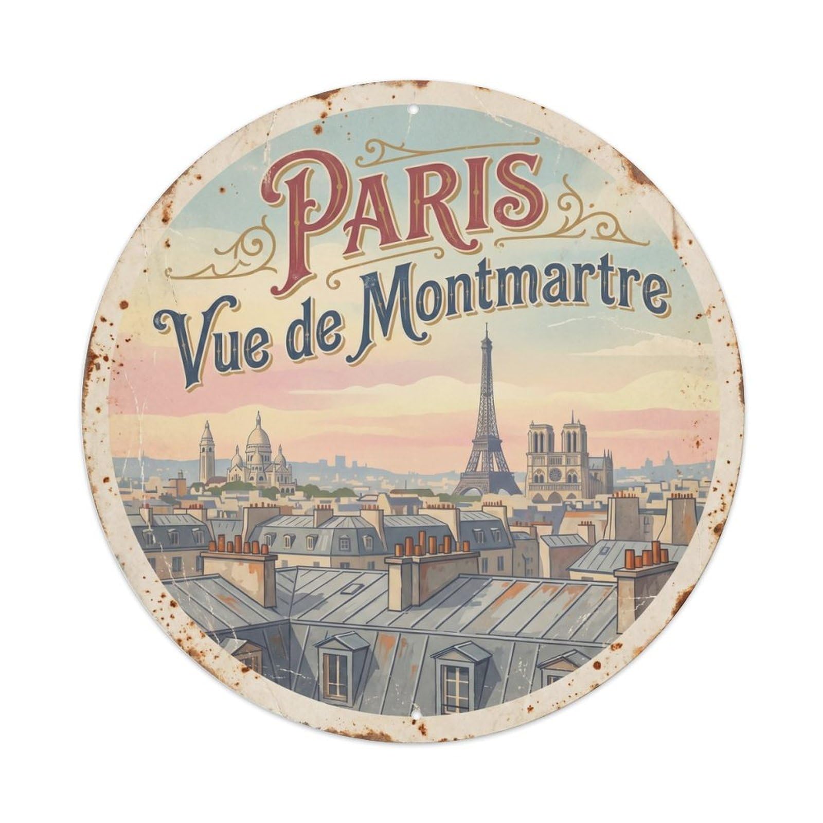 Vintage Travel Paris Skyline Montmartre Metal Tin Sign Plaque Wall Decor for Cafe, Club Bar, Office, Home Garden Round Metal Poster 8x8Inch