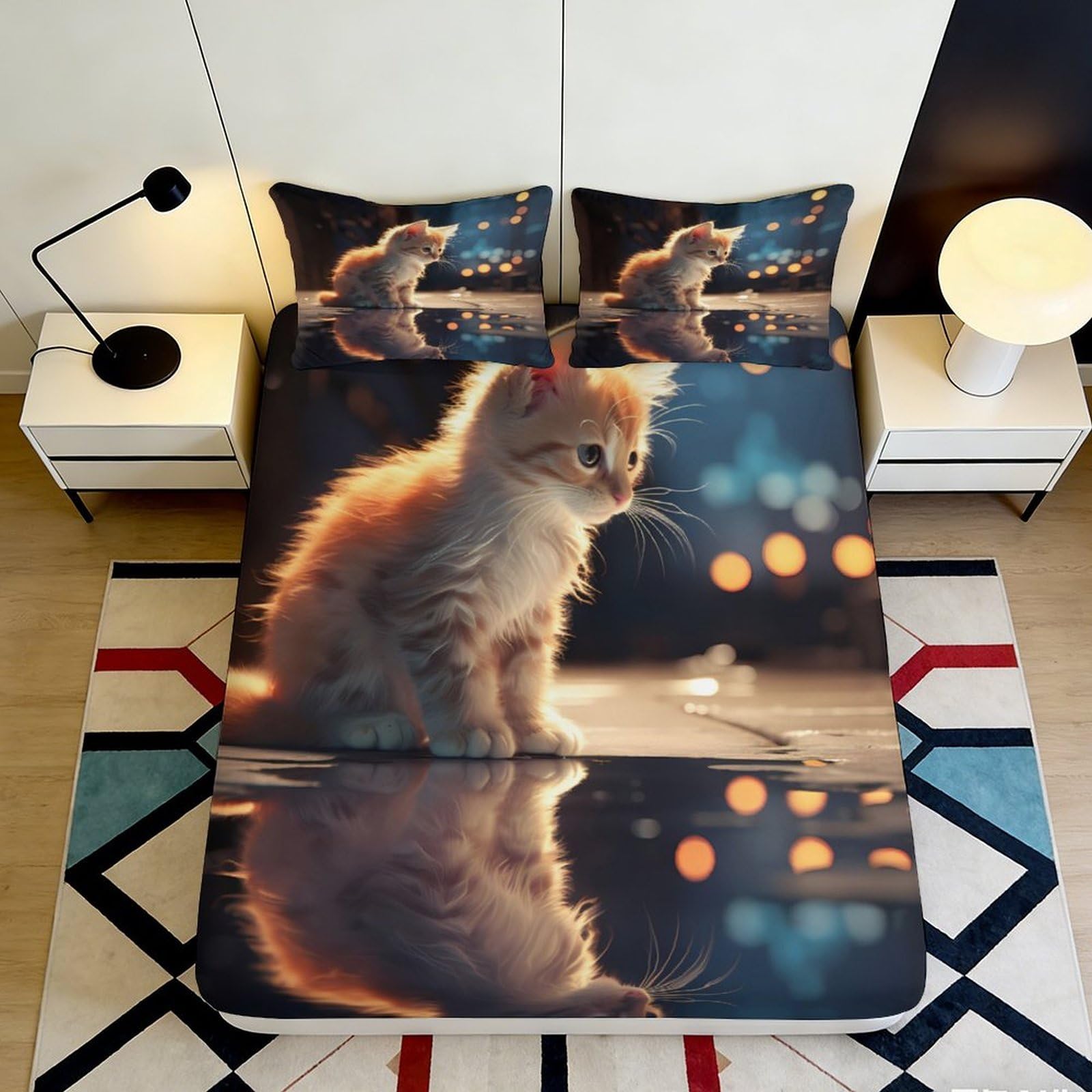 3D Printed Cute Kitten Reflection Fitted Sheet Microfiber Soft Non Slip Bed Cover Bedroom Dorm Mattress Protector Decor 160x200x25cm