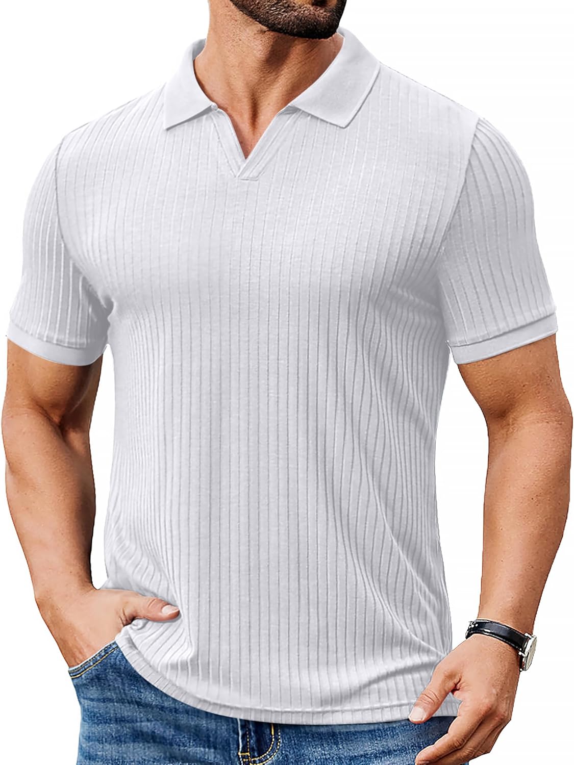 COOFANDY Men's Ribbed Polo Shirts Short Sleeve V Neck Slim Fit Polo T-Shirt Casual Summer Collared Golf Shirt