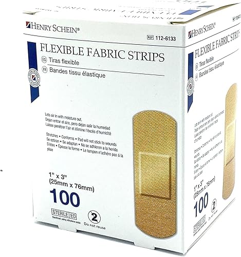 Henry Schein - Tiras de tela de 1 x 3 pulgadas, vendajes adhesivos flexibles de color carne (caja de 100) sin látex