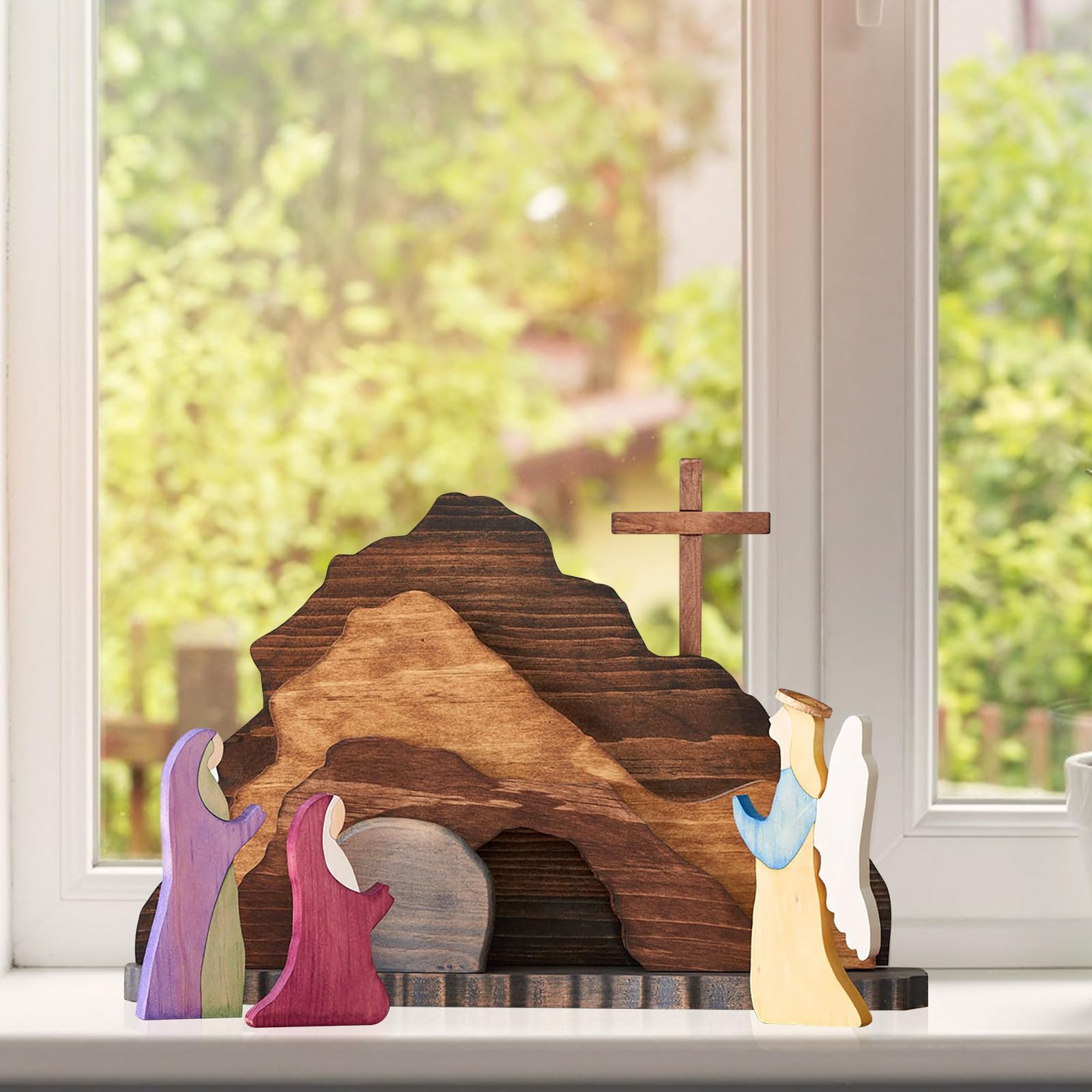 Ostern Auferstehungs Szenen Set Osterkrippe, Ostergrab Set aus Holz, Osterdeko Jesus Krippe Statuen Mit Leerem Grab, Abnehmbares Religiöses Kunsthandwerk, Osterstatuen Dekor, Christliches Dekor