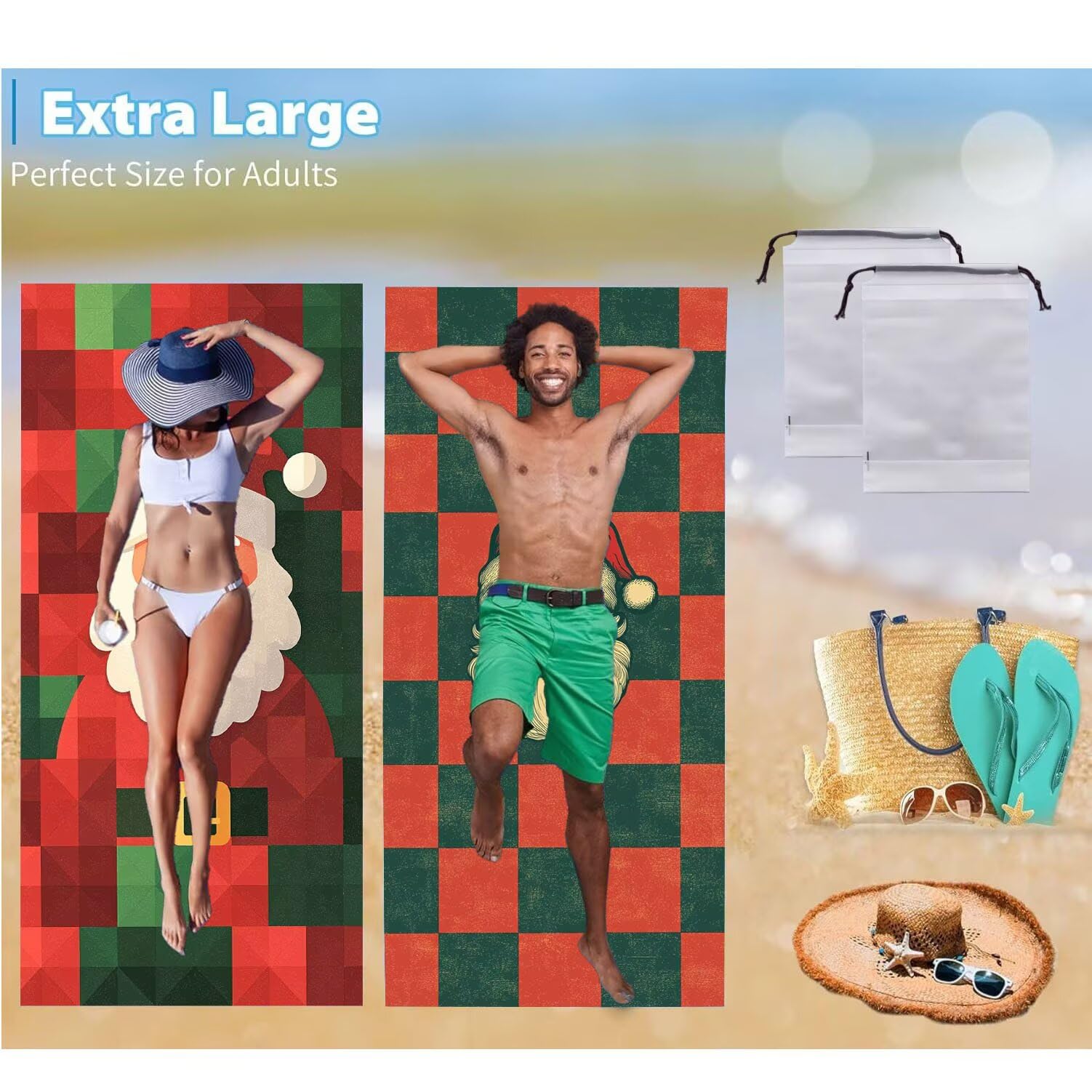 Toalla Playa 90 x 180 cm, Juego de 2 Toallas Microfibra Grande de Secado Rápido, Absorbente, Compacto, Toalla de BañO Sin Arena Verano Manta de Playa Mujer para Gimnasio Baño Regalo (Papá Noel) H-866