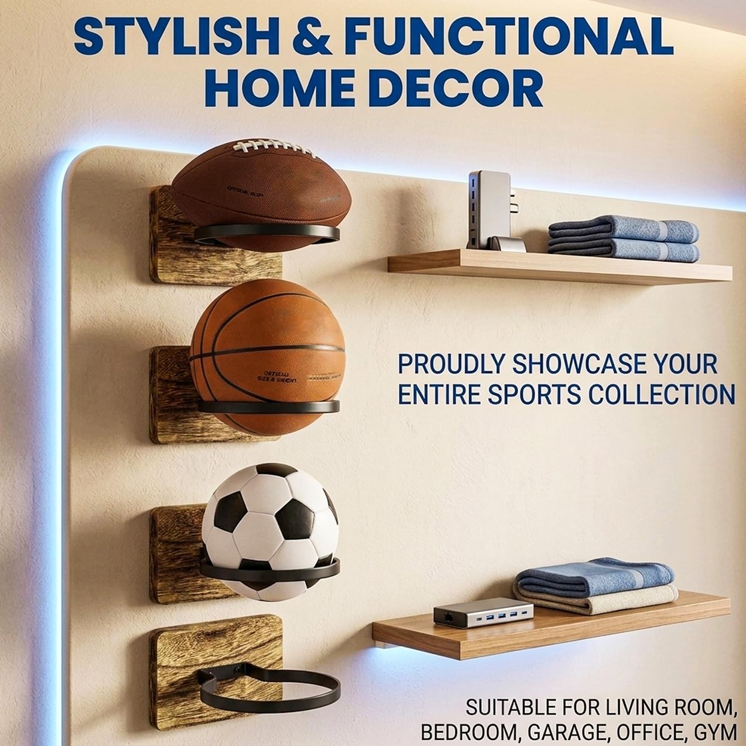 4 Pack Ball Wall Mount Storage Holder, Sports Ball Display Rack for Basketball, Football, Soccer, Volleyball, Wall-Mounted Ball Organizer for Sports Fans Collectible Display image 5