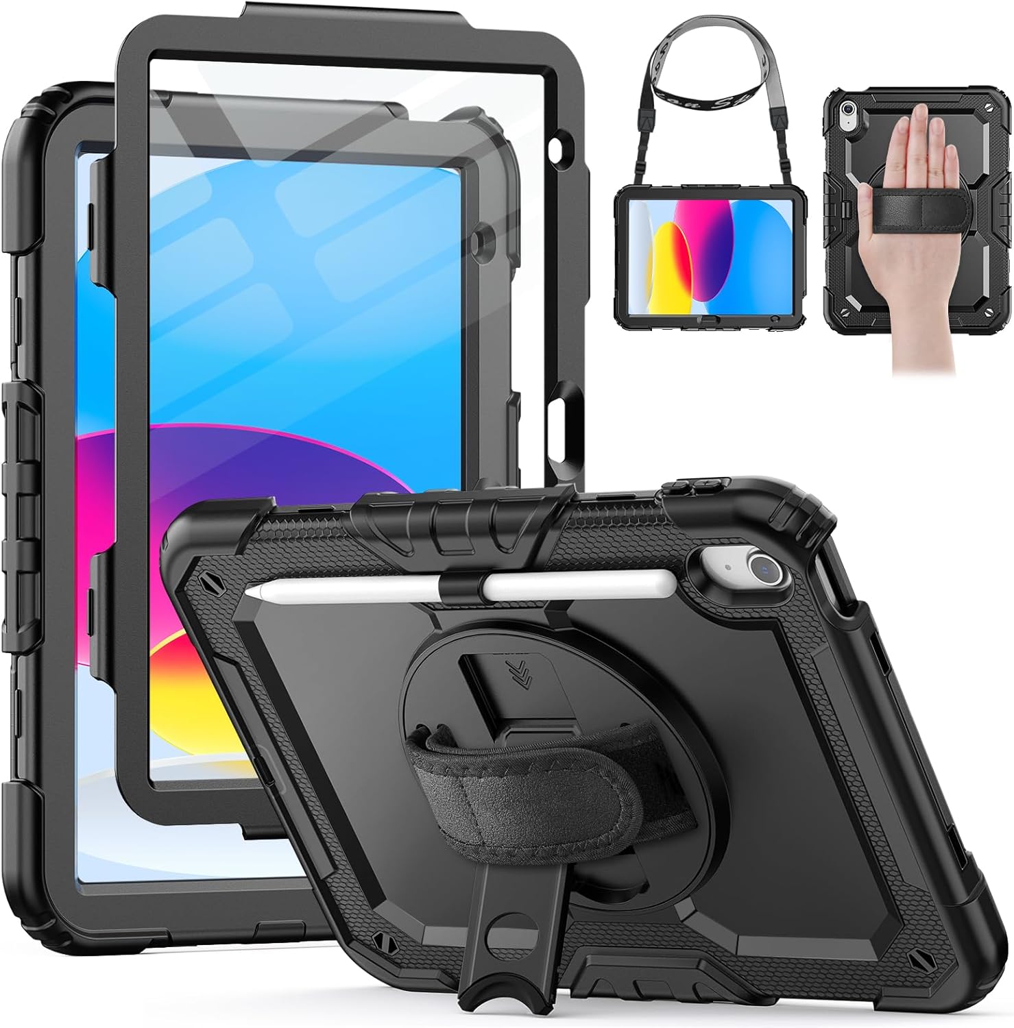 HXCASEAC Heavy Duty Case for iPad A16, iPad 11th 10th Generation Case, with Screen Protector, Pencil Holder, Rotating Stand, Detachable Hand/Shoulder Strap (A2969/A2757/A3354/A3355/A3356), Black