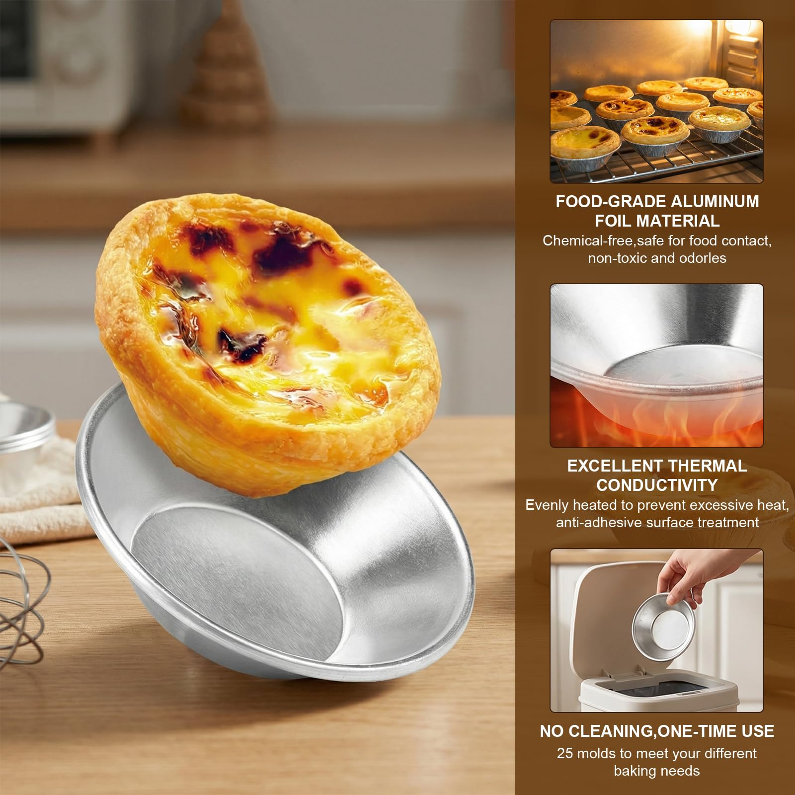 25 Pièces Moule Pasteis de Nata, Réutilisables Moule a Tartelette Aluminium Moules Mini Tartelette Revêtement Antiadhésif Faciles à Nettoyer pour Production Pastéis de Nata, Gâteaux, Pâtisseries