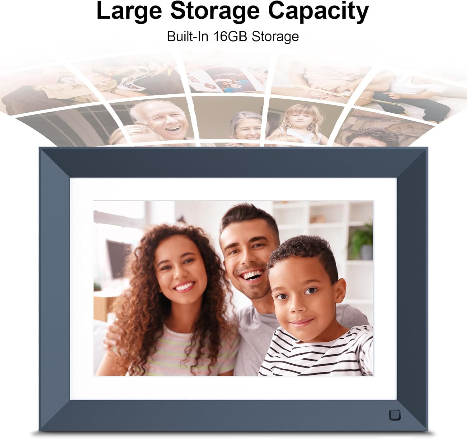 FULLJA digital photo frame with an overlay indicating 'Large Storage Capacity' and 'Built-in 16GB Storage', surrounded by floating photo thumbnails.