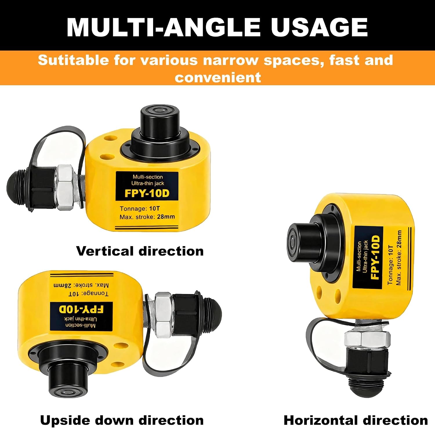 10T Hydraulic Cylinders Multi-Section 28mm/1.1" Stroke Lifting Cylinder | Mini Portable Low Profile Porta Power Ram Jack for Tight Spaces Industrial Machinery Shipbuilding Bridge Construction Site