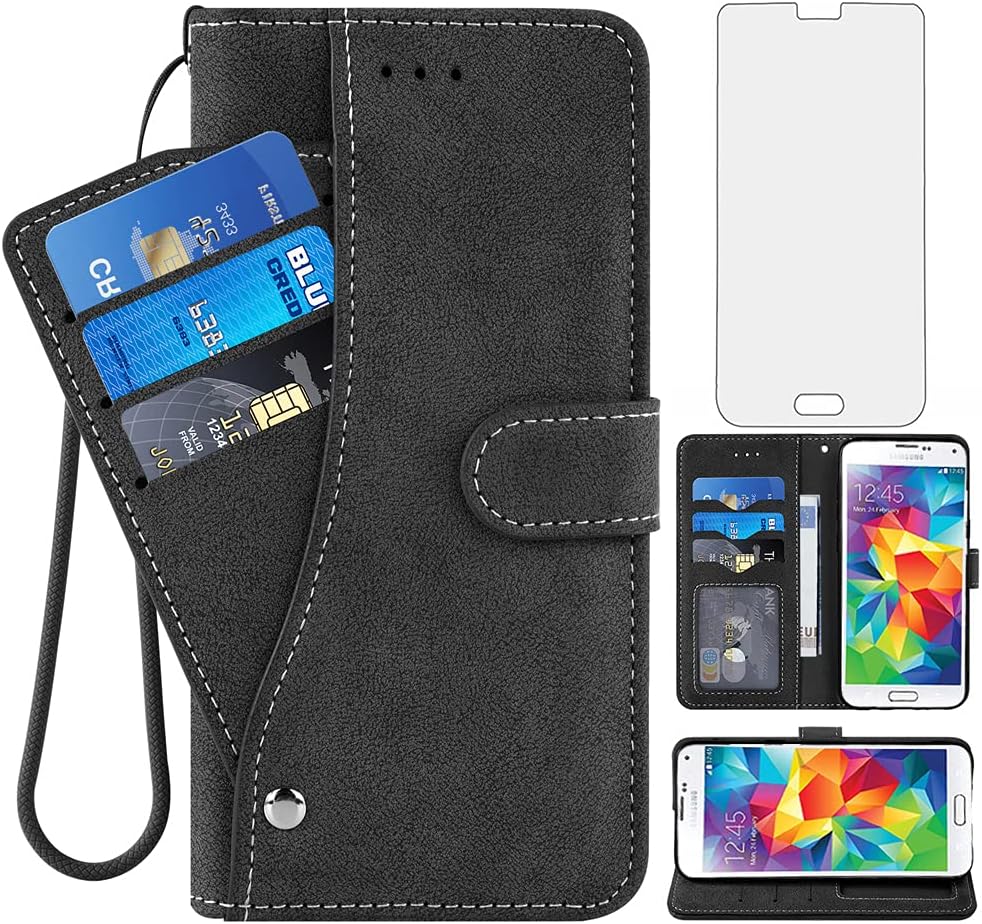 Compatible with Samsung Galaxy S5 Wallet Case and Tempered Glass Screen Protector Flip Cover Card Holder Stand Cell Accessories Phone Cases for Glaxay S 5 Neo Gaxaly 5S Galaxies GS5 G900A G900T Black
