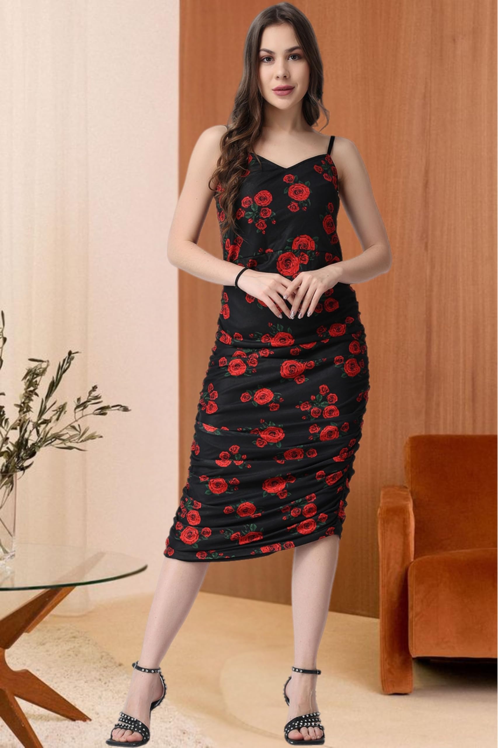Popwings Polyester Bodycon Midi Women Dress (B0Bn7S78Z6_Black