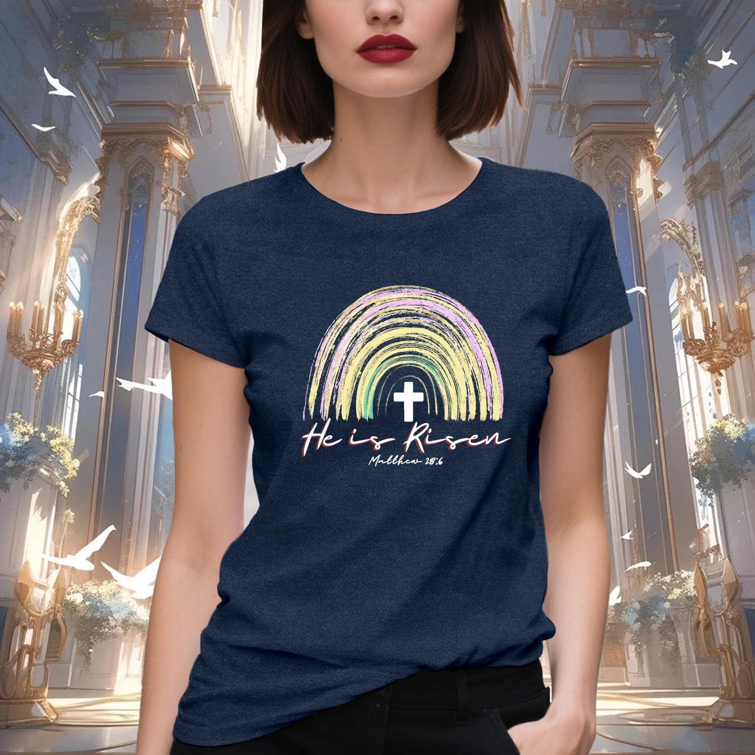 Christian Shirts for Women He is Risen T-Shirt Cross Rainbow Jesus Faith Tee Tops - Image 3