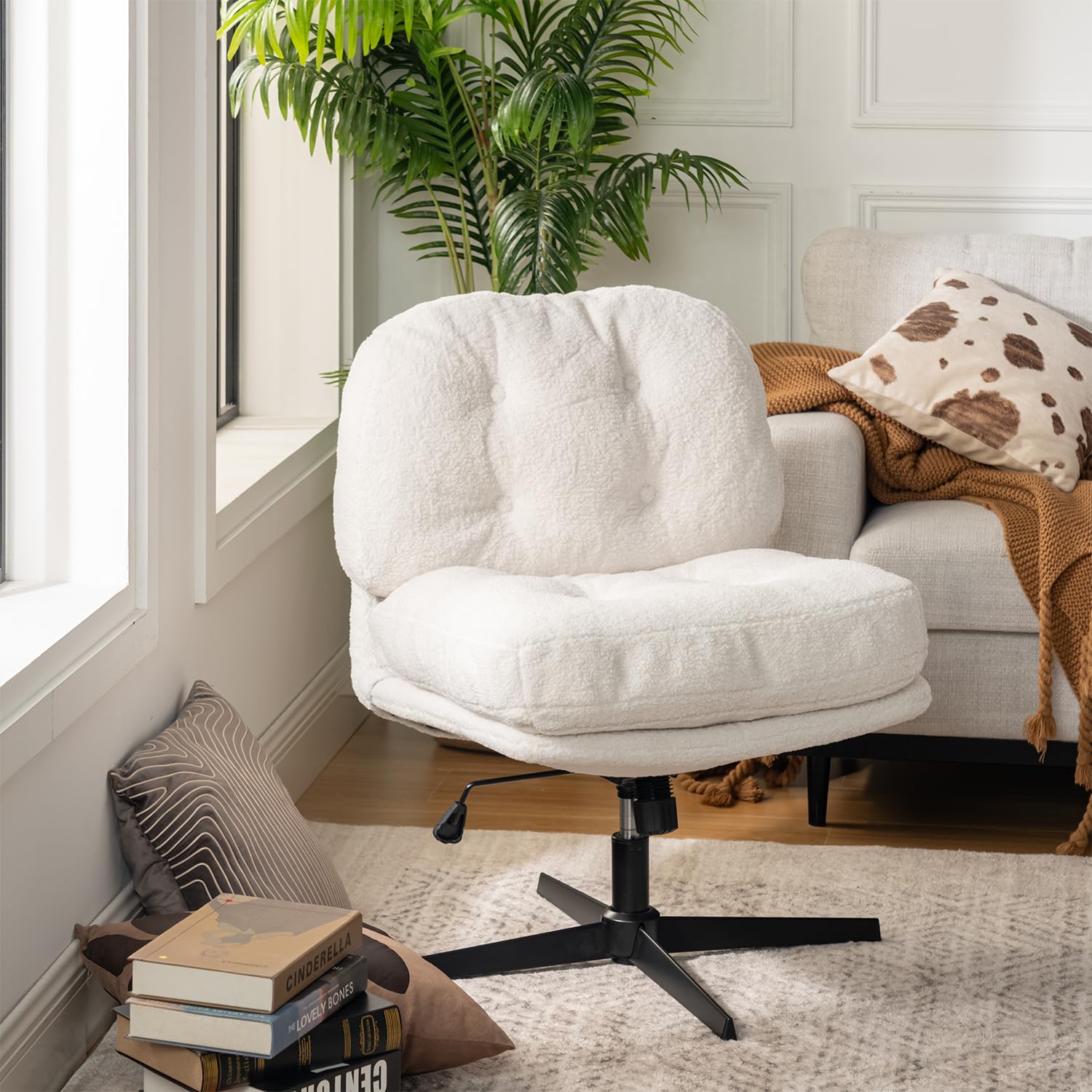 MEUBLE Cosy Sillón Giratoria 360° Butaca de Salón Función de Inclinación para Dormitorio Oficina Silla con Asiento Grueso Respaldo sin Reposabrazos Ruedas en Tela de Bucle Blanco