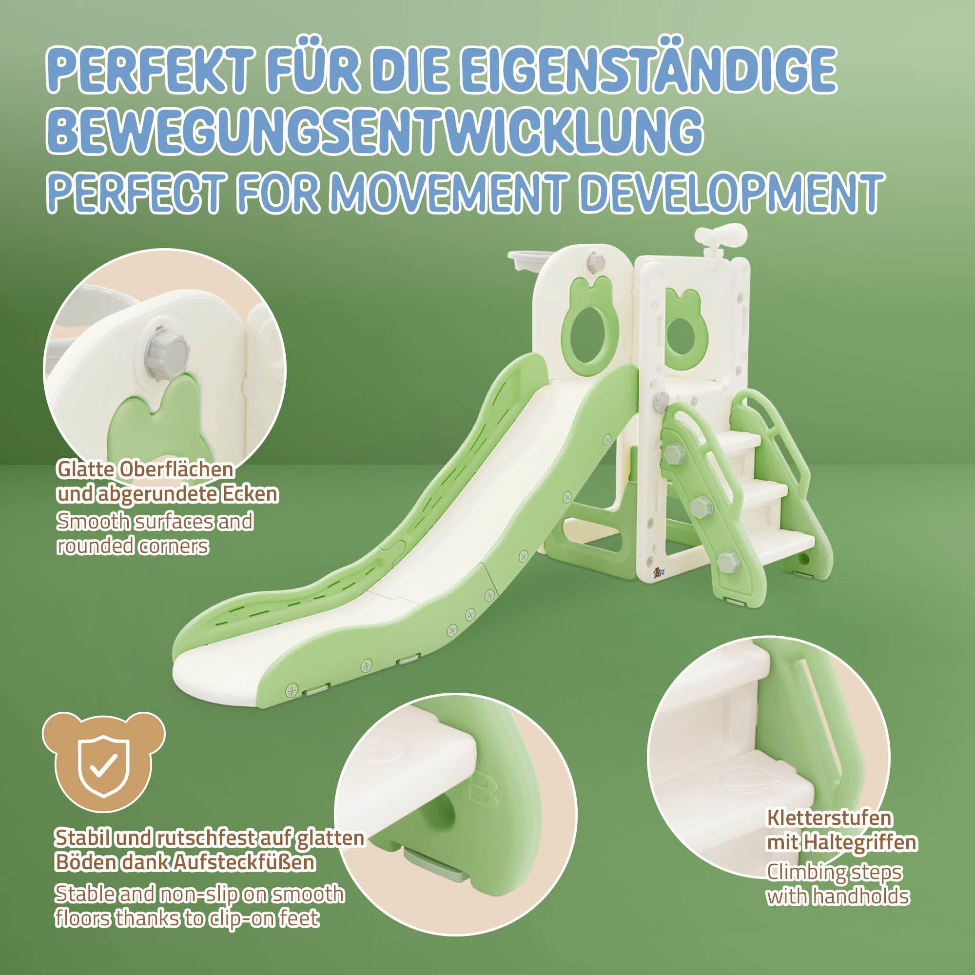 Joyz Tobogán Infantil 3en1 con Refuerzo Antideslizante Plástico Blanco-Verde Juego de Torre con Canasta de Baloncesto Balón y Bomba de Aire Parque de Interior y Exterior para Niños a Partir de 3 Años