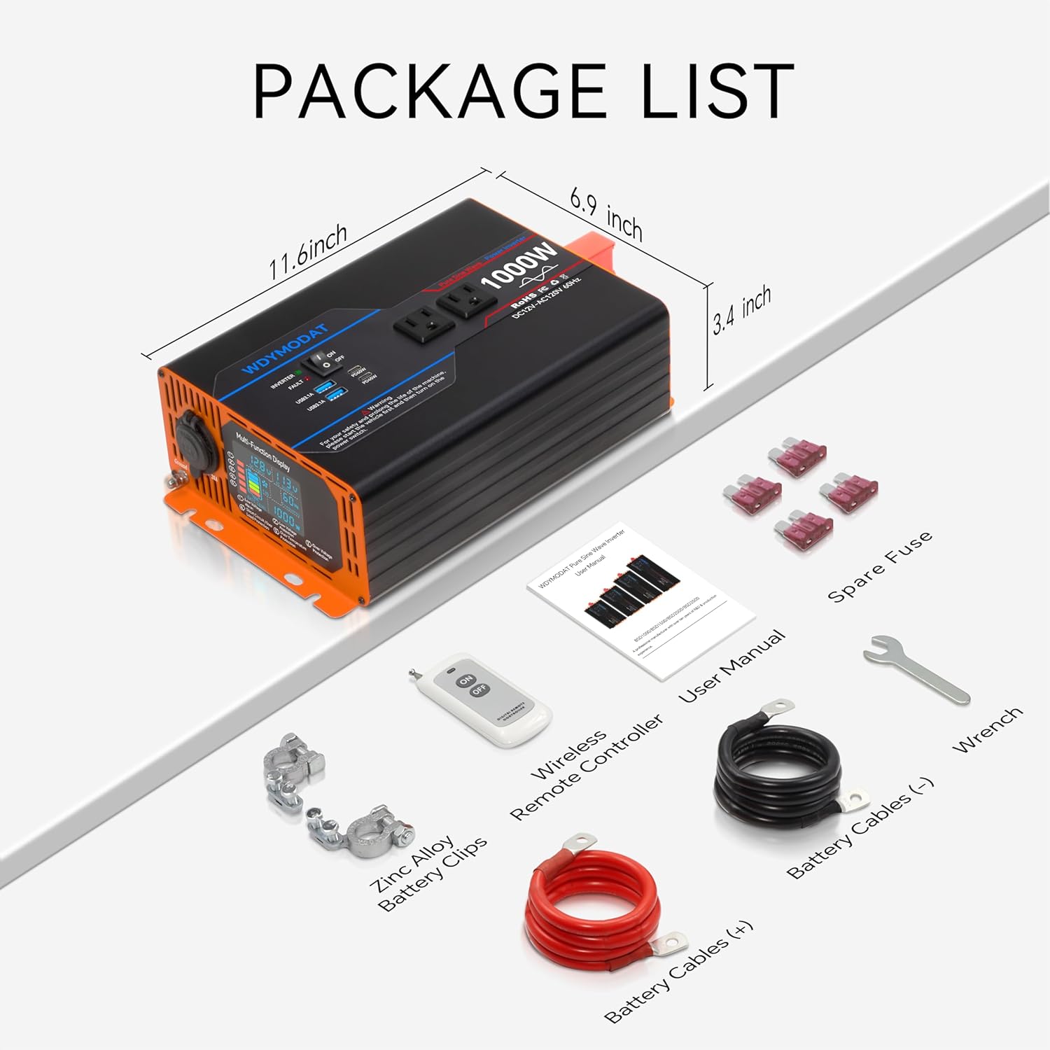 1000W Pure Sine Wave Inverter, Car Power Inverter 12V to 110V 120V, DC to AC Converter Generator with AC Outlets 3.0A USB Type-C, Remote Controller LCD Display Truck Inversor for Vehicles, RV