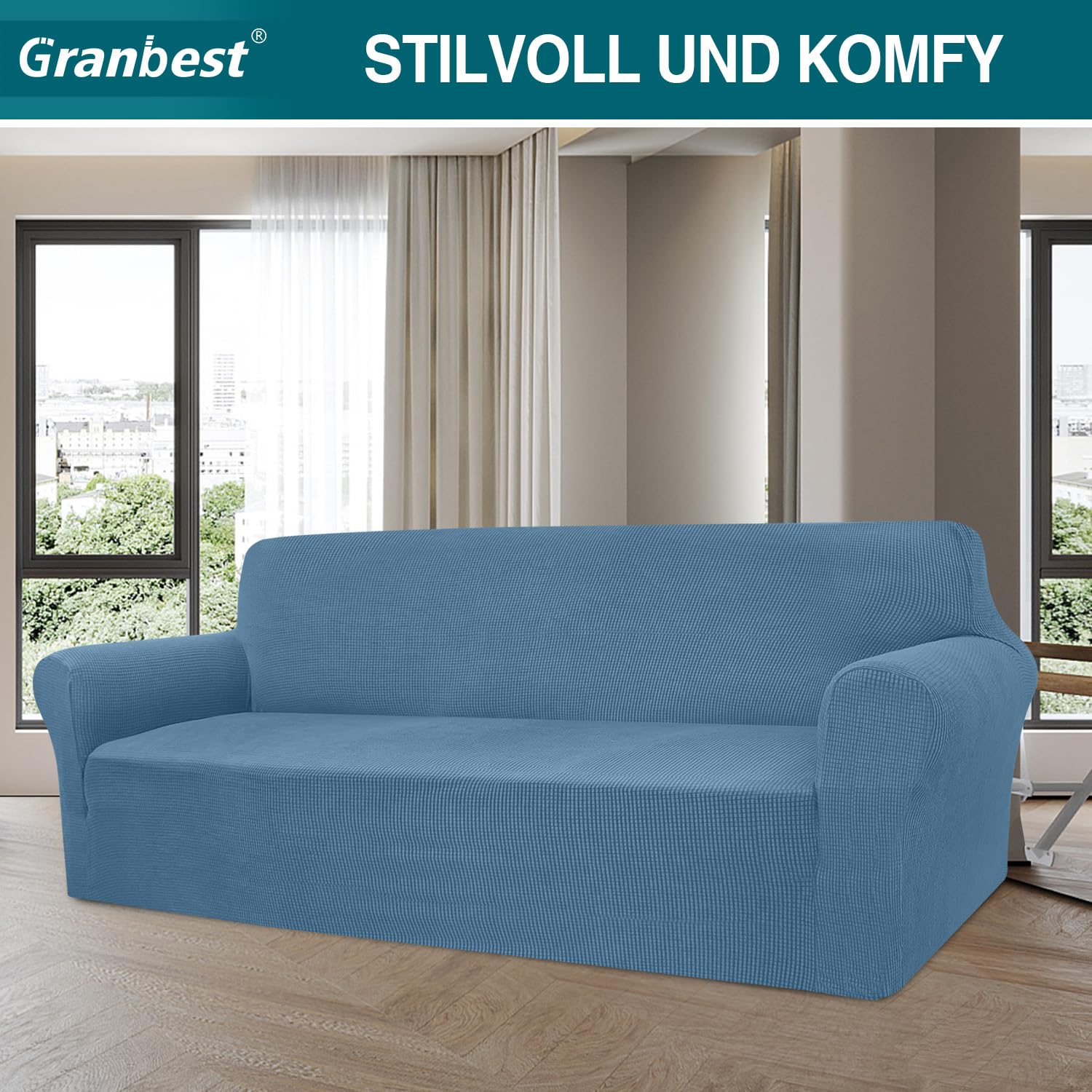 Granbest - Copridivano altamente elasticizzato, moderno, jacquard, per soggiorno, protezione per cani e animali domestici, 4 posti, azzurro