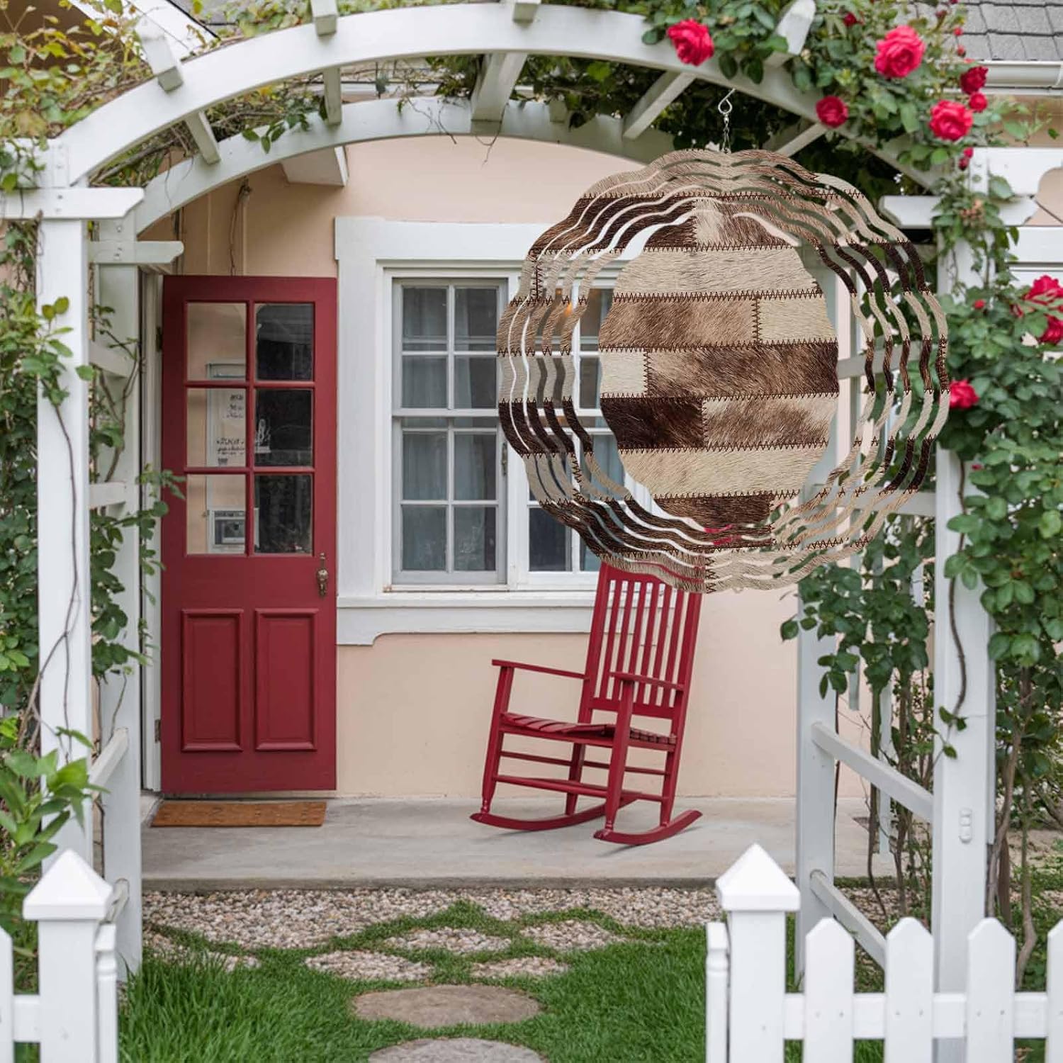 Bricks Patchwork Wind Spinner for Garden Yard 12In, Western Ethnic Abstract Brown Beige Tan Fur Style 3D Stainless Steel Kinetic Hanging Wind Spinners Rustproof Outdoor Decor for Lawn Patio Home