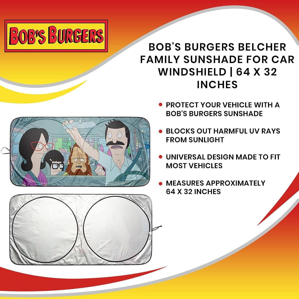 Bob's Burgers Belcher Family Sunshade for Windshield | Foldable Sun Visor Protector for Cars, Trucks, SUVs | Blocks UV Rays and Sun Glare | 64 x 32 Inches