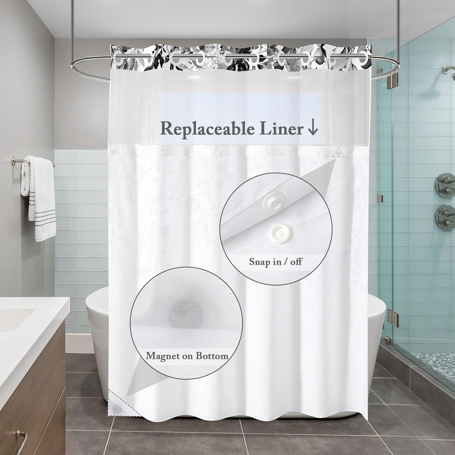 Gibelle No Hook Shower Curtain with Snap-in Fabric Liner Set for Bathroom, Hotel Style Black Eucalyptus Leaves Shower Curtain with See Through Top Window, Waterproof & Washable, 72x74