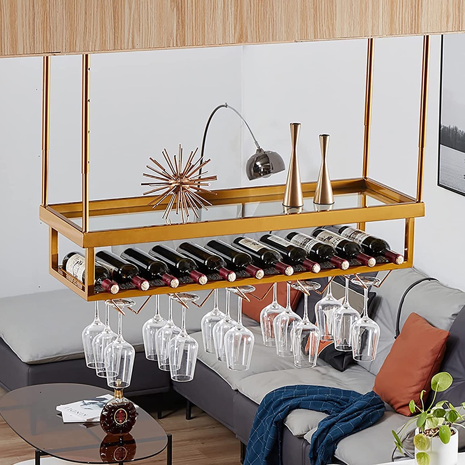 Porte-bouteilles de vin suspendu en métal doré 80cm pour cuisine chic