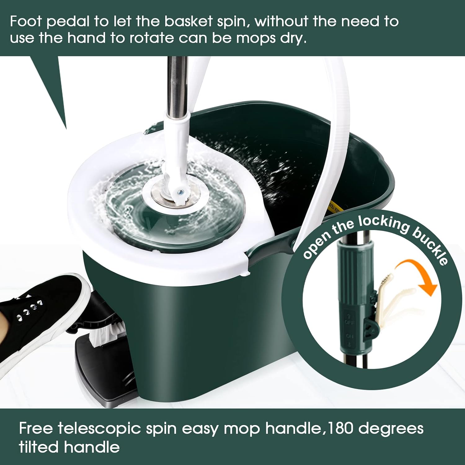 MASTERTOP Spin Mop and Bucket with Wringer Set, Mop Bucket Cleaning System with Foot Pedal, 360°Rotation, 5 Microfiber Mop Pads, 1 Brush Head, Hardwood Floor