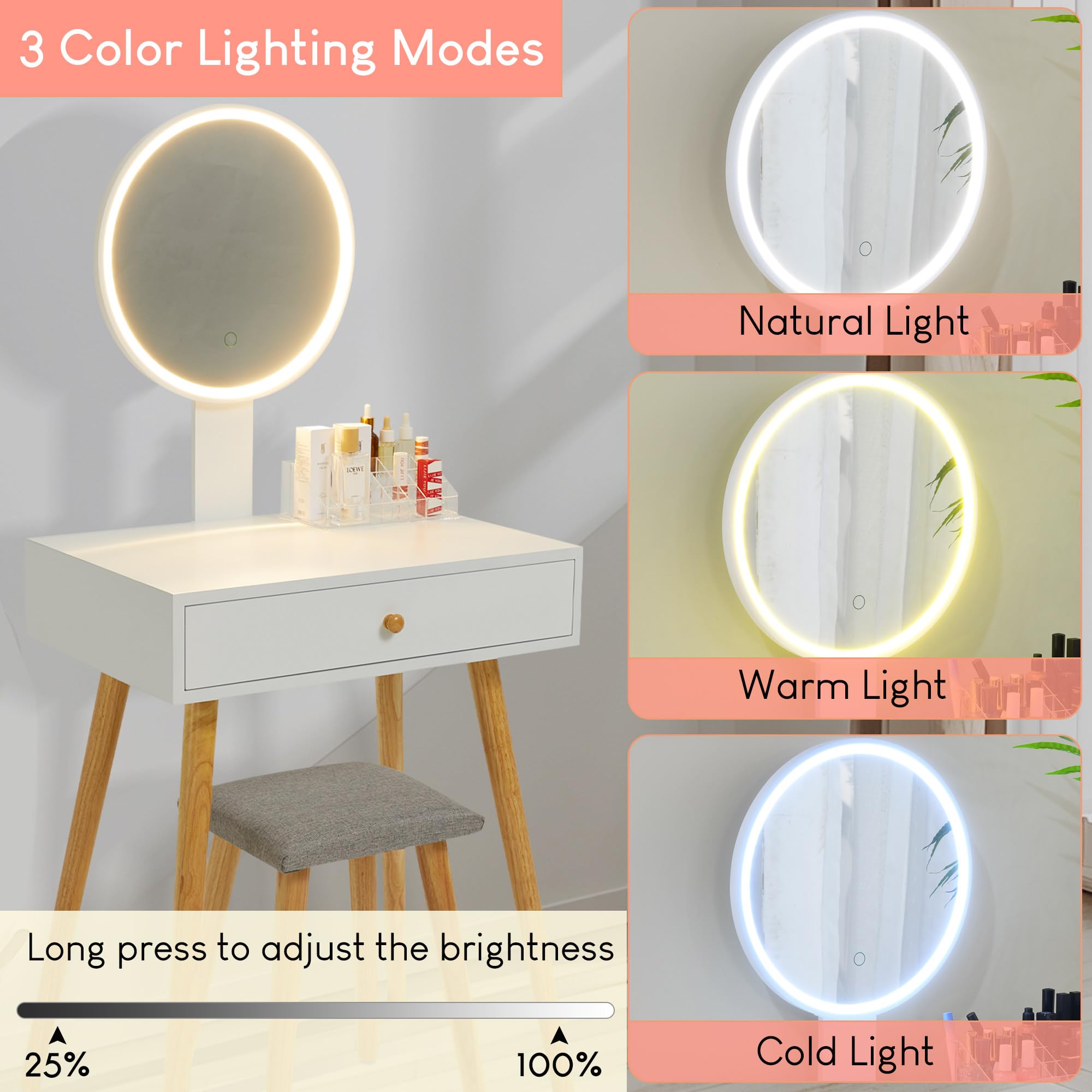Coiffeuse blanche avec miroir, 6 tiroirs et 4 portes, éclairage LED