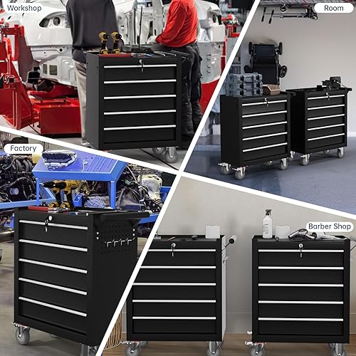 Miniatura 7 de Cofre de herramientas de 5 cajones, carrito de herramientas con ruedas, armario de herramientas de alta capacidad con sistema de bloqueo para