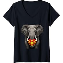 Women's Macedonia Flag Heart Pride Heritage Elephant Macedonian V-Neck T-Shirt