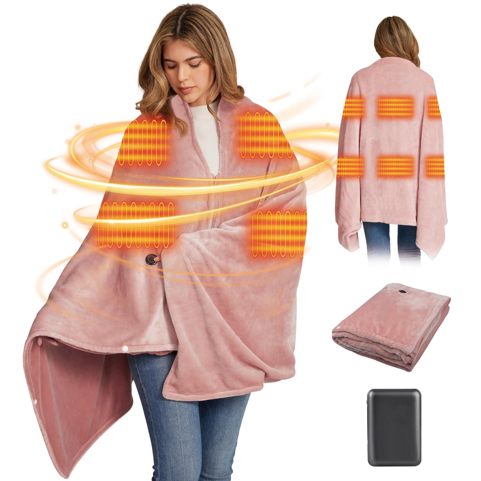 160x90cm Heizdecke Kabellos mit 16000mAh Akku, Waschbar Flanell Heizdecke zum Anziehen mit 6 Heizzonen und 3 Temperaturstufen, USB Elektrische Wärmedecke für Sofa, Büro, Reisen, Camping (Rosa)