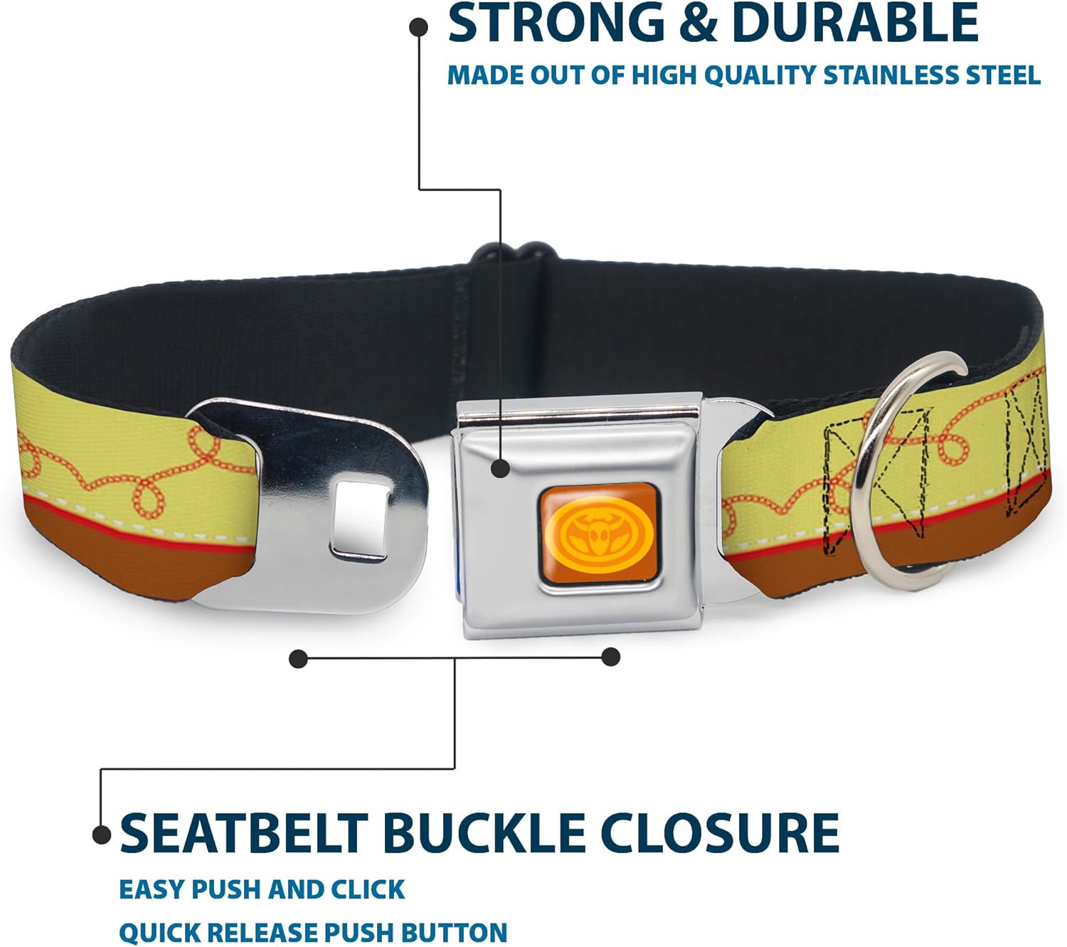 Buckle-Down Dog Collar Seatbelt Buckle Toy Story Woody Bounding Cowboy Buckle Yellow Red Brown 15 to 26 Inches 1.0 Inch Wide, Multicolor (DC-WDY516-L)