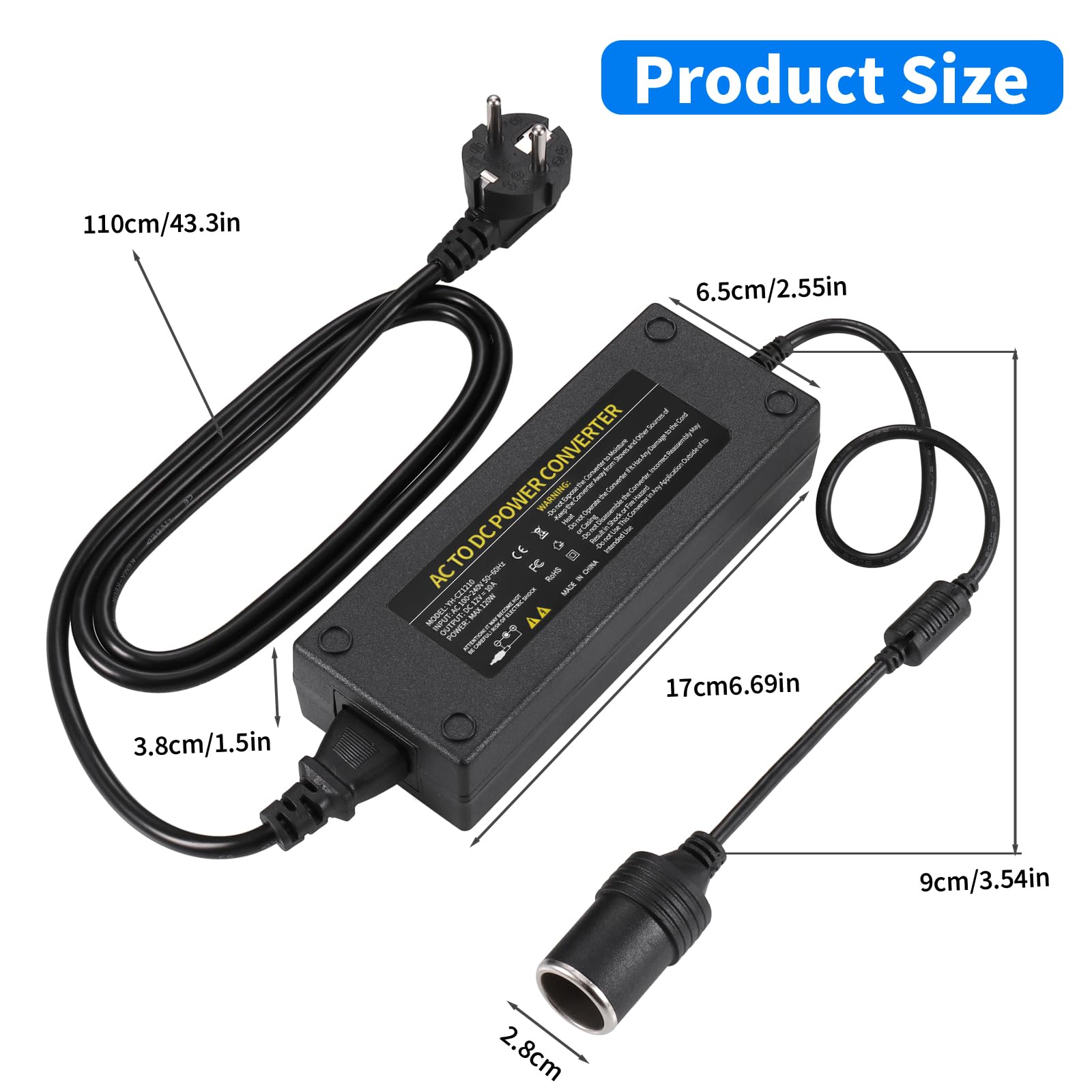 JIZZU 120W 10A AC à DC Adaptateur Converter, 230V à 12V Adaptateur Allume Cigare Secteur pour Voiture, Chargeur Secteur Transformateur Convertisseur pour Gonfleur Pneu, Aspirateur, Glacière
