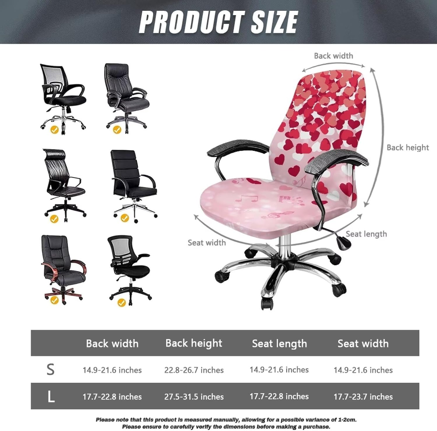 Valentine's Day Comfortable Computer Office Chair Cover Stretch Removable Boss Chair Slipcovers All-in-One High Back Chair Slipcover, Love Red White Musical Notes Pink, L