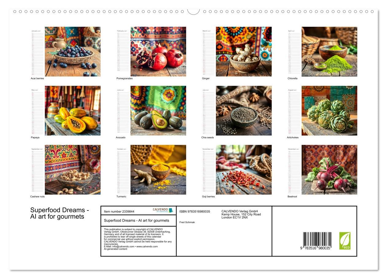 Superfood Dreams - AI art for gourmets (High Quality Premium Wall Calendar 2027 DIN A2 landscape),CALVENDO 12 Month Wall Calendar: Superfoods in their most beautiful form. A unique AI art calendar