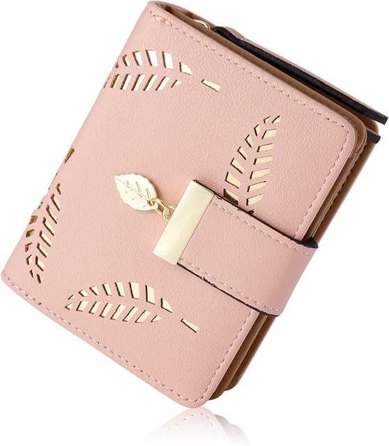 Aoliandatong Ladies Purse Wallet, Small Womens Bifold Leather Purses with Cash ID Credit Card Holder, Hollow Leaf Ladies Vegan Coin Purses Money Bags with Zip(Pink)