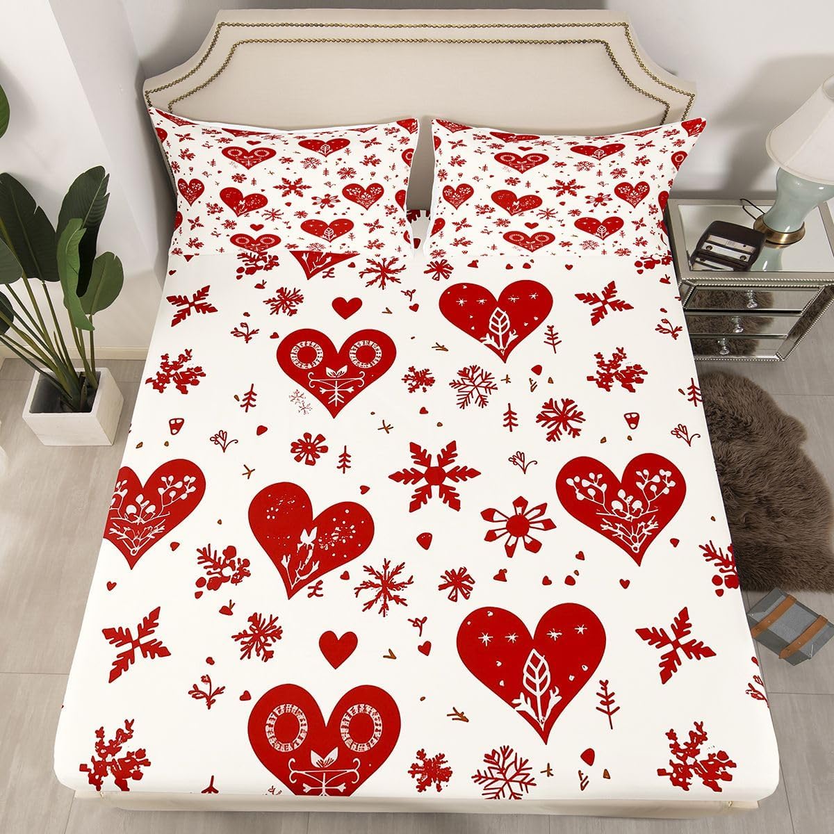 Erosebridal Cute Heart Pattern Bed Sheets Full | Love Heart Sheet Set for Kids Girls Cartoon Love Geometric Sheets with Deep Pocket Valentines Day Flat Fitted Sheet,4 Piece with 2 Pillowcases