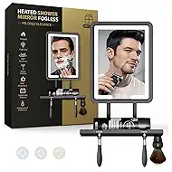 Shower Mirror Fogless for Shaving with Light - Heated Anti Fog Bathroom Mirror Razor Holder Recharegable 5000mAh Battery 3 Color Dimmable Adhesive Wall Mount Shower Accessories Gift for Men(Gray
