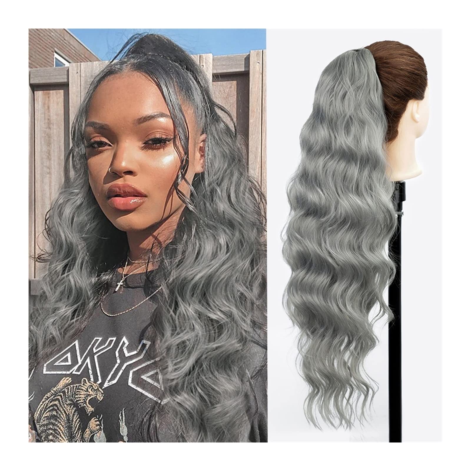 Extensión de la cola de caballo 26 "Cuerpo largo Ondulado Cordón Cola de caballo Clip suave natural en Extensión de cola de caballo Extensiones de cabello sintético resistente al calor Postizo for muj