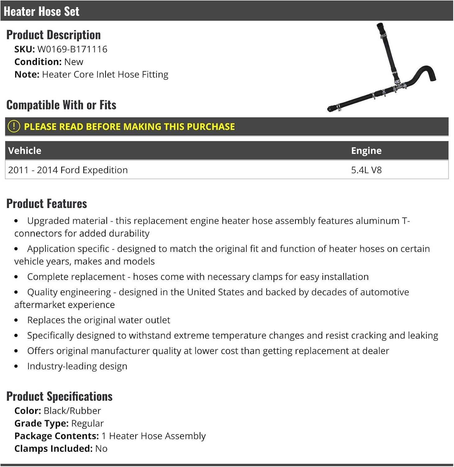 Marketplace Auto Parts Heater Hose Set - Compatible with 2011-2014 Ford Expedition 5.4L V8 (W0169-B171116)