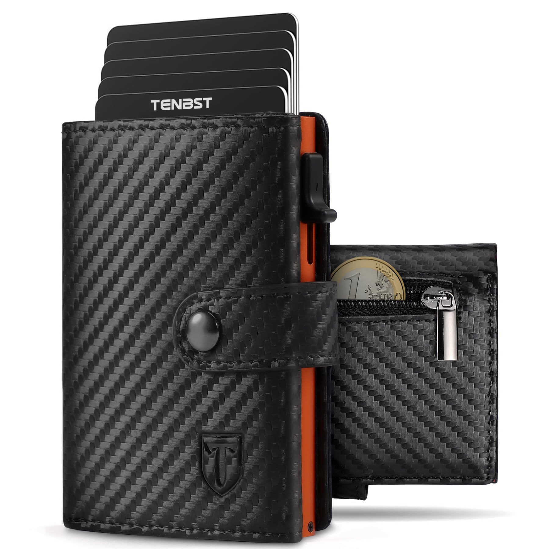 TENBST Men's Wallet with Coin Compartment & RFID Protection, Slim Wallet Card Case Small, Men's Wallet, 10 Compartments for Credit Cards, Black Orange, Classic