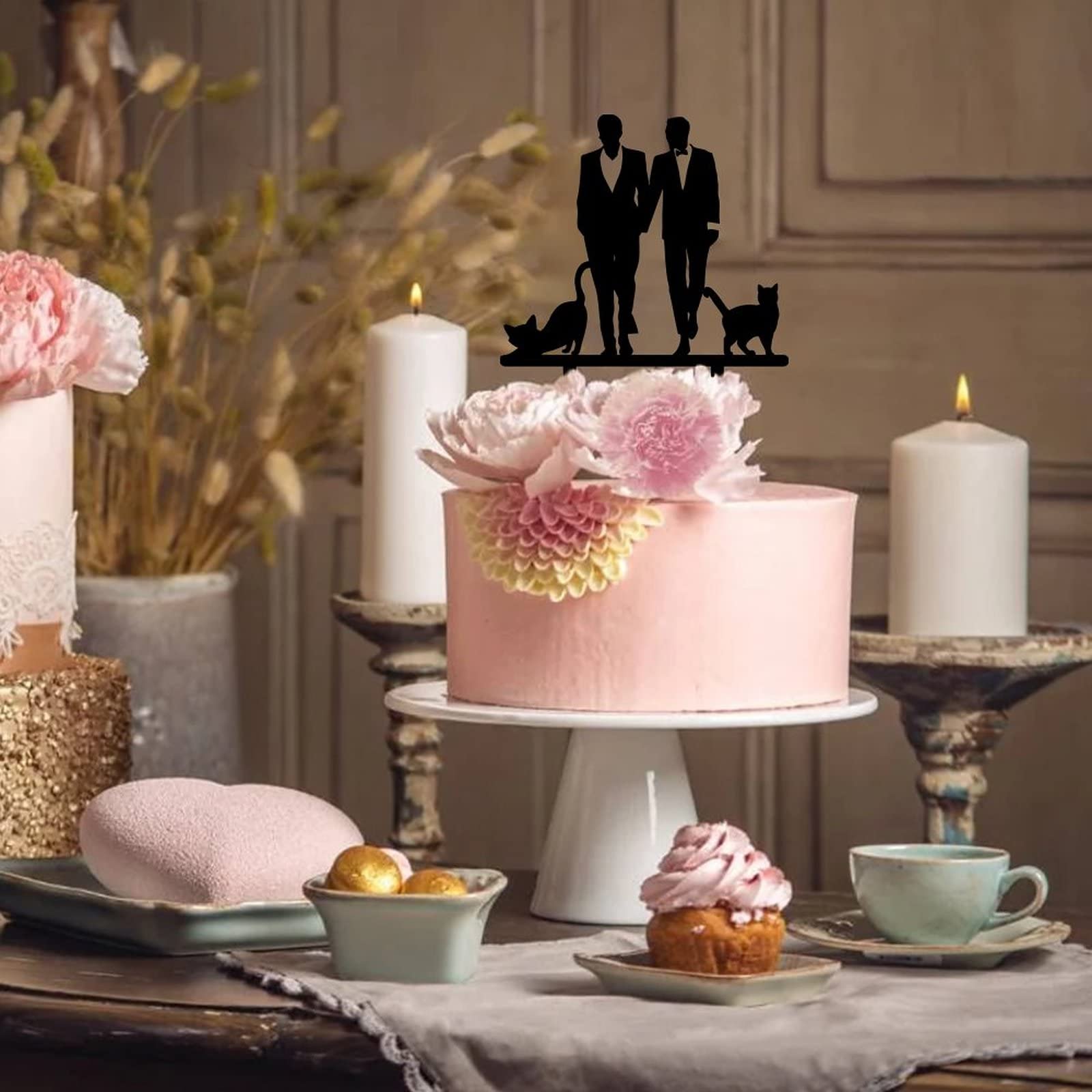 Hochzeits-Kuchentopper Für Schwule - 2 Bräutigam-Figuren Mit Hund & Katze, 15 Cm, Lebensmittelecht