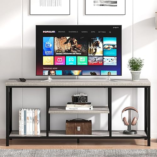 Miniatura 35 de FOLUBAN Soporte de TV para TV de hasta 65 pulgadas, centro de entretenimiento de madera rústica y metal con estantes de almacenamiento, mesa consola