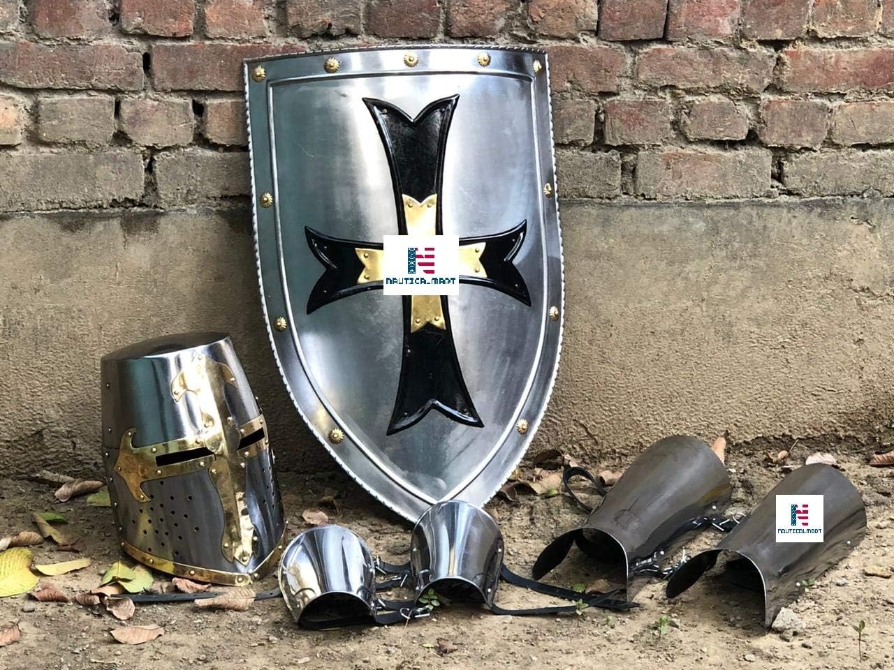 Nautical-Mart Medieval Knight Crusader Templar Helmet Armor Set - Shield, Arm Guard, Leg Guard