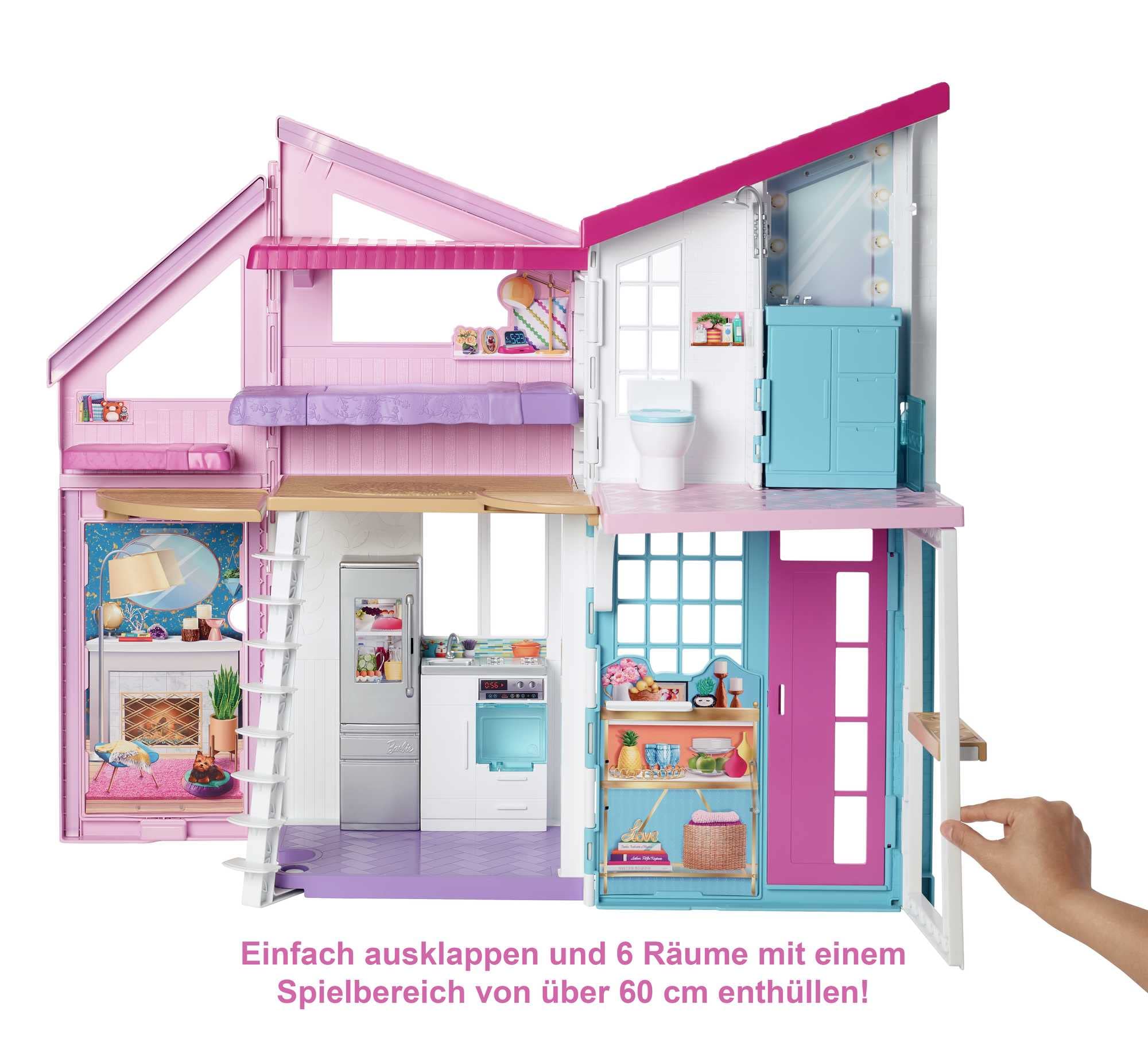 Barbie Malibu Haus, zweistöckige Traumvilla, mit 6 Zimmern, 25 Zubehör, Puppen, als Geschenk für Kinder ab 3 Jahren geeignet, FXG57