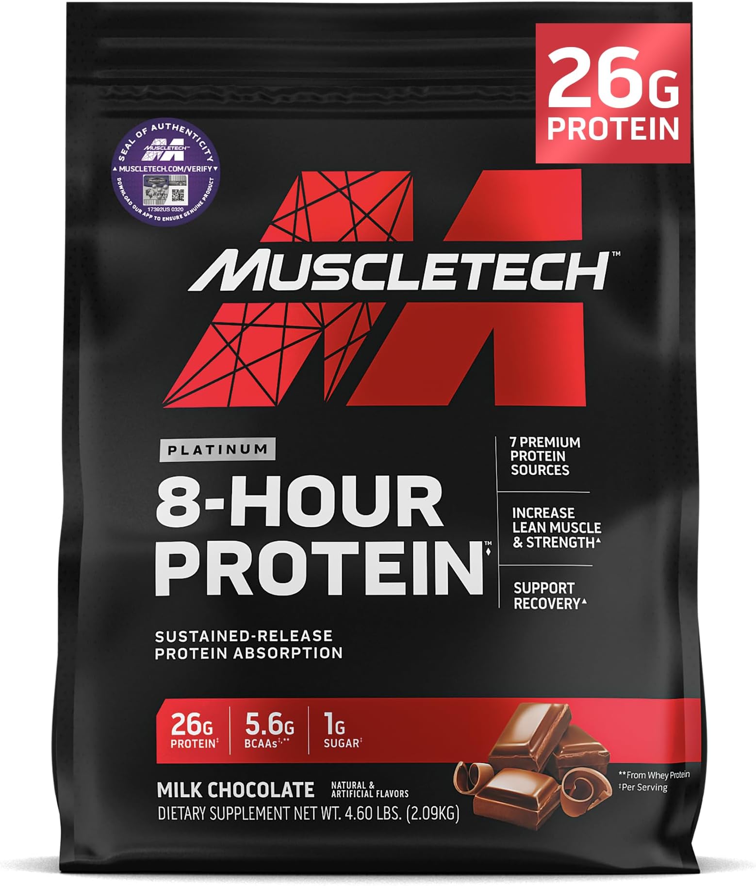 MuscleTech Platinum 8-Hour Sustained-Release Protein Absorption with Premium Blended High Biological Formula to Help Increase Muscle & Strength and Supports Recovery, Milk Chocolate Flavor 4.60 lbs