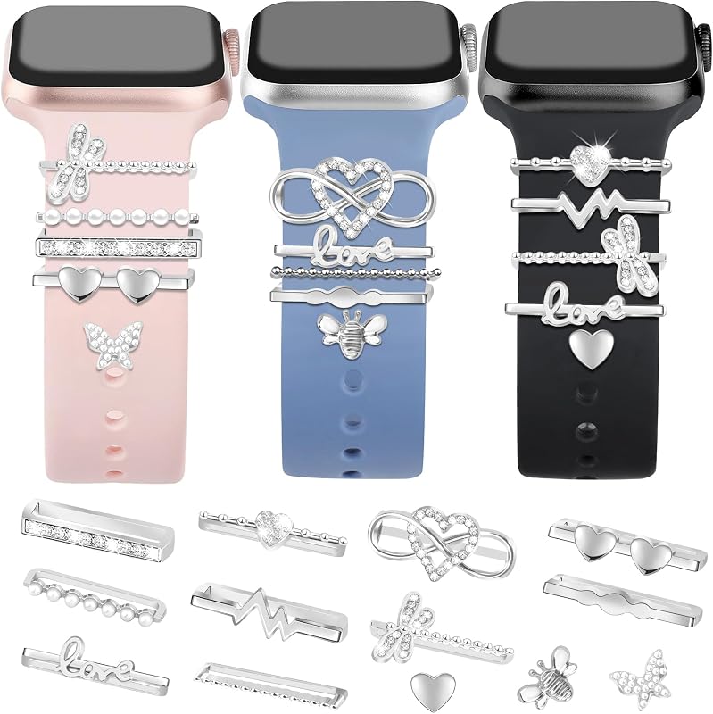 JR.DM 13-Pcs Silver Pearl Butterfly Watch Charms for Apple Watch Band | Pearl butterfly accessories include 10 rings and 3 sliding charms; watch and band not included.