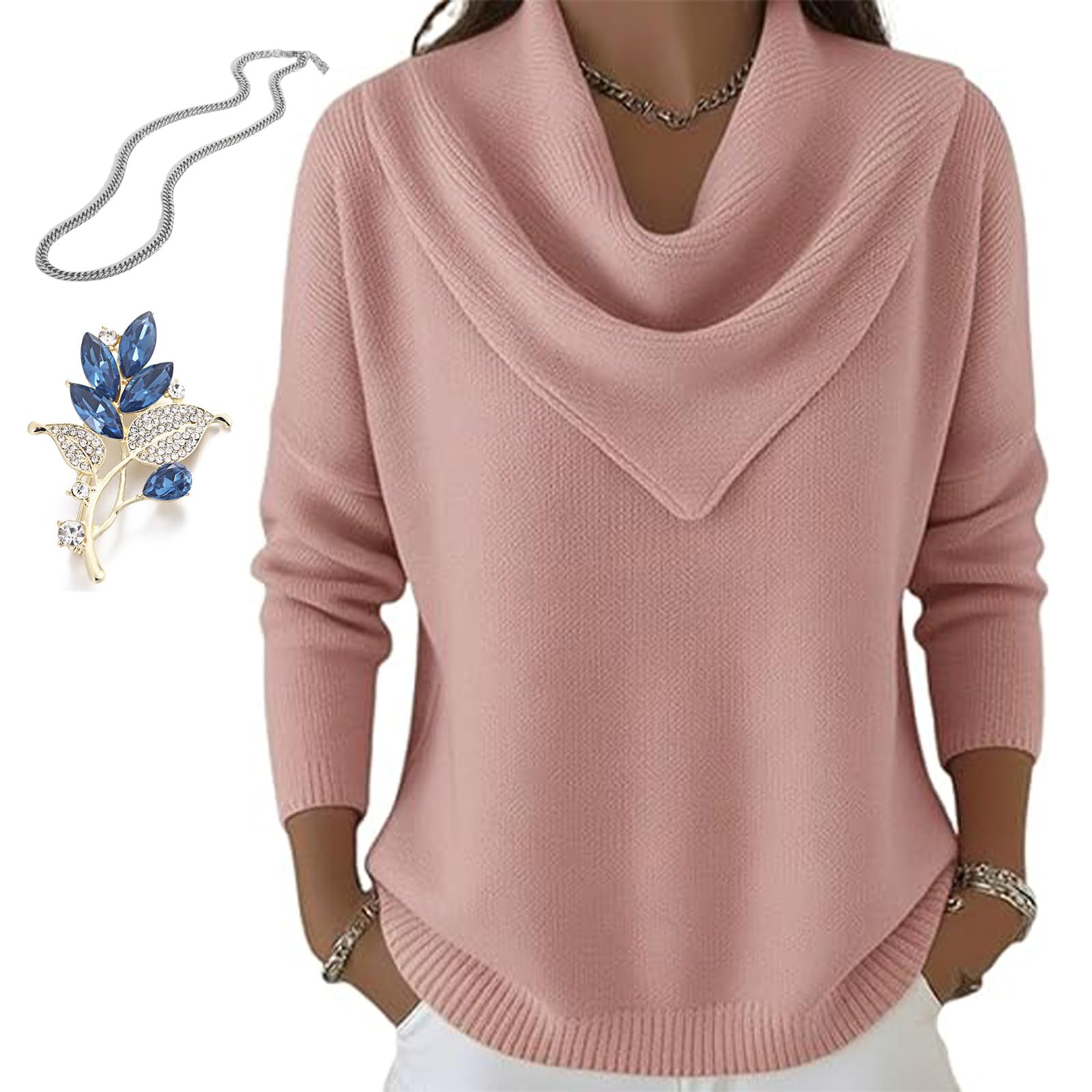 Elegant Retro Soft Triangle Neck Solid Color Sweater Top Cozy Long Sleeve Knit Pullover Retro Cowl Neck Sweater