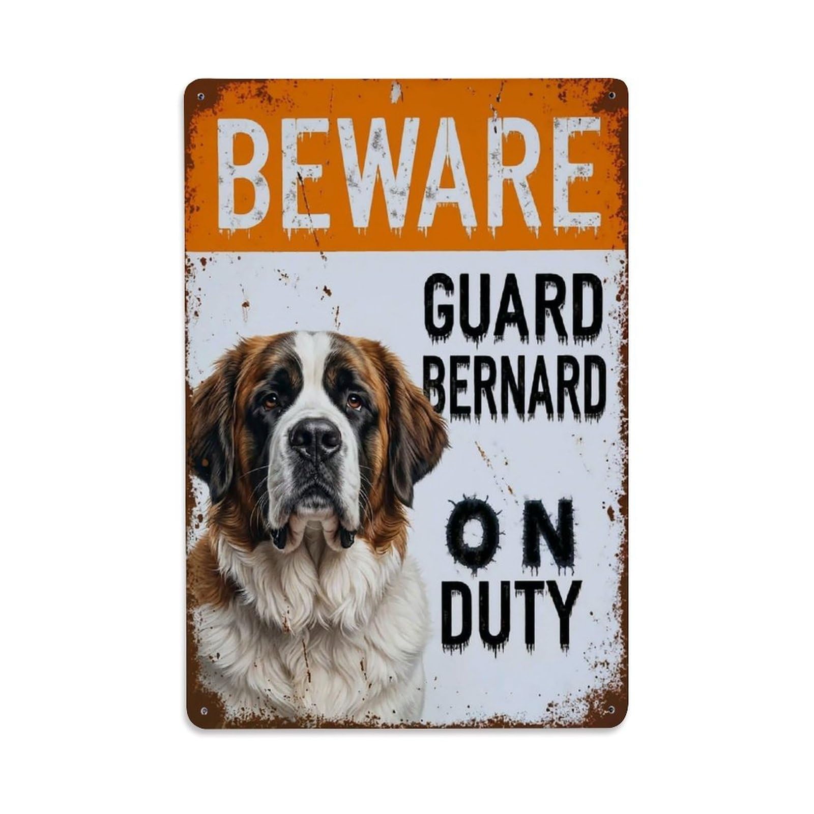 Vintage Funny Bernard Guard Beware of Dog Landing Metal Tin Sign Plaque Wall Decor for Cafe, Club Bar, Office, Garden Metal Poster 8x12Inch