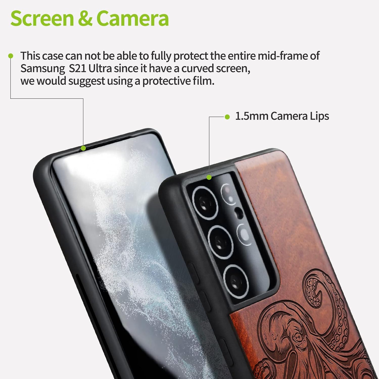 Carveit Wood Case for Galaxy S21 Ultra Case [Natural Wood & Black Soft TPU] Shockproof Hybrid Protective Unique Wooden Cover Compatible with Samsung S21 Ultra 5G (Octopus Drawing-Rosy)